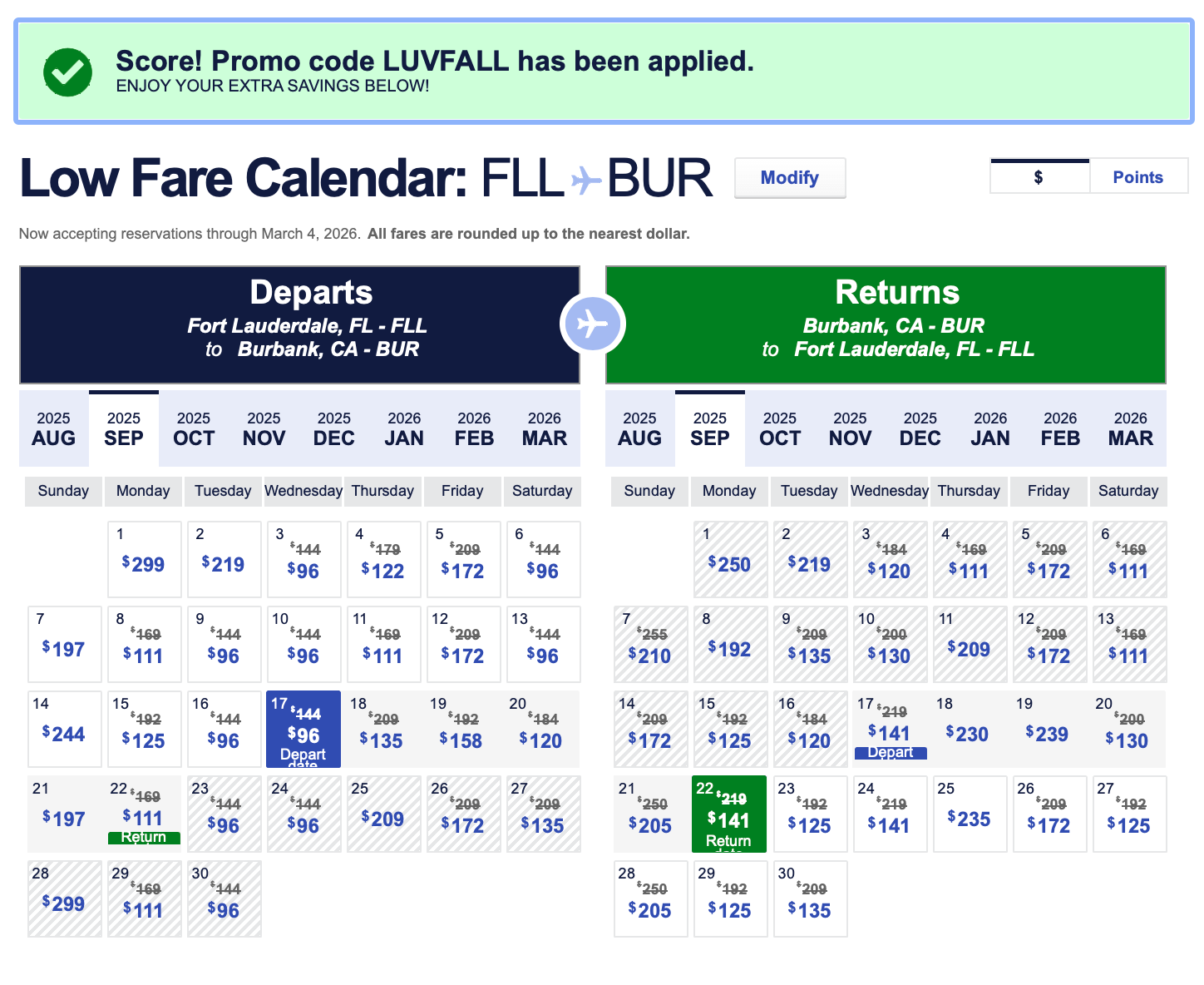 Low fare for FLGIHts from Fat Lauderdel to Barabank.