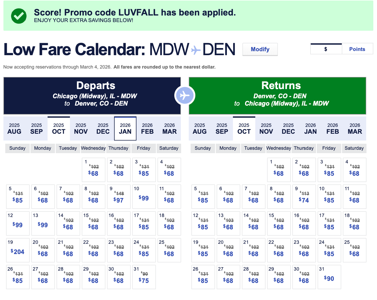 Low fare calendar for flights from Chicago to Denver.