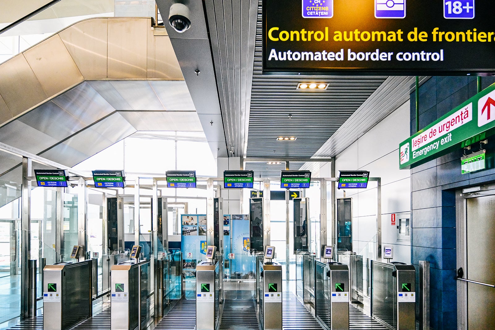 Newly installed non-Schengen automatic border control gates are pictured at the Henri Coanda International Airport in Otopeni, Romania, on March 28, 2024. Romania and Bulgaria will join on Sunday, March 31, 2024 Europe's passport- and visa-free Schengen Area, applying only to travelers arriving by air and sea.