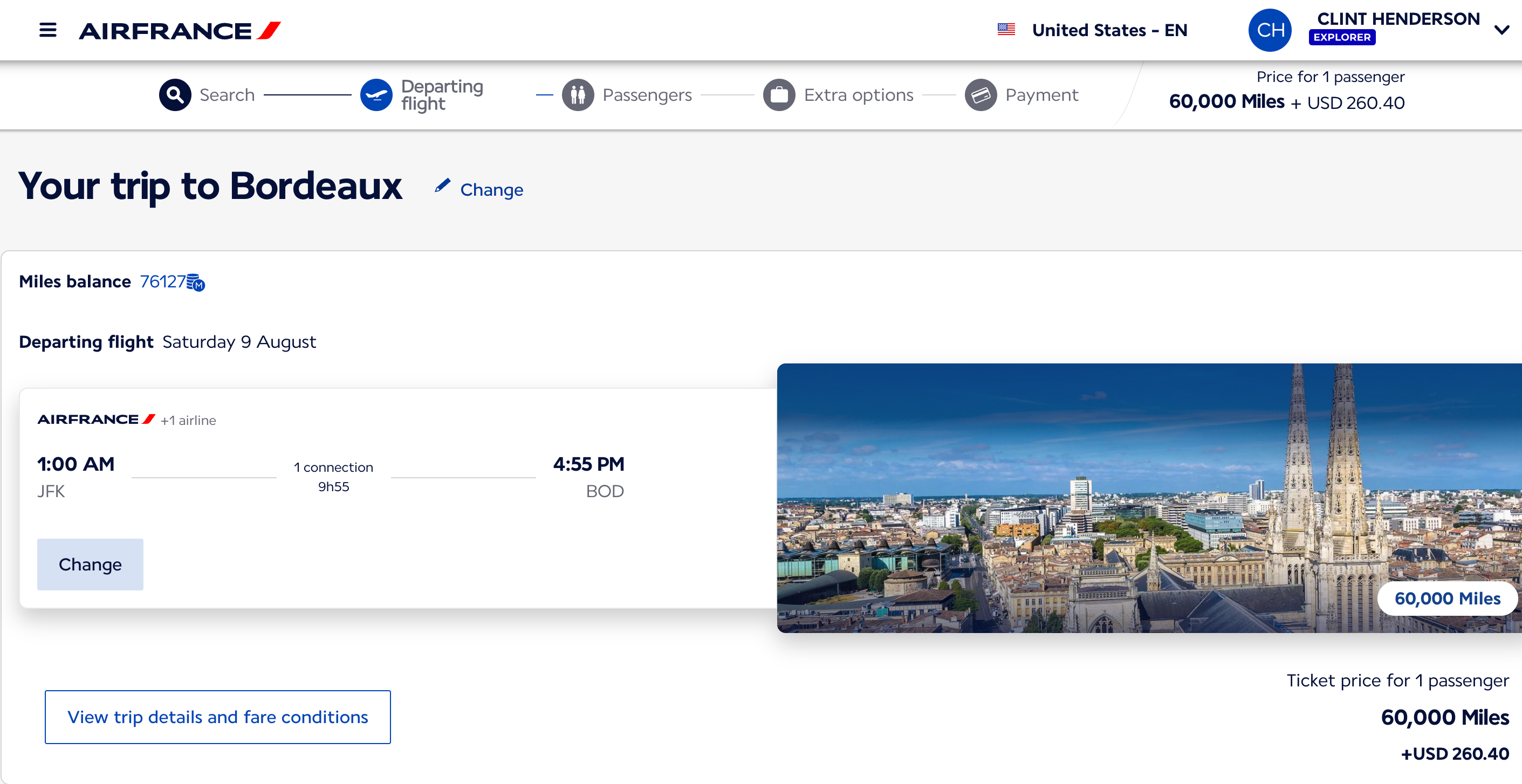 Award tickets from New York to Bordeaux, France in August. Air France