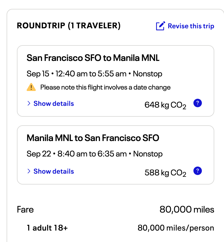 Screenshots of United Deal from SFO to MNL