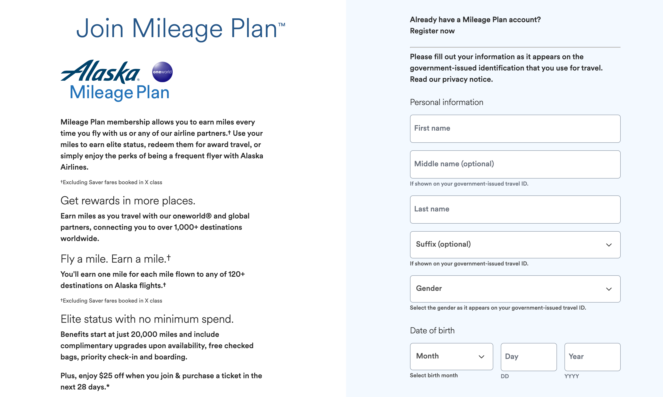 Alaska Airlines Mileage Plan signup page.