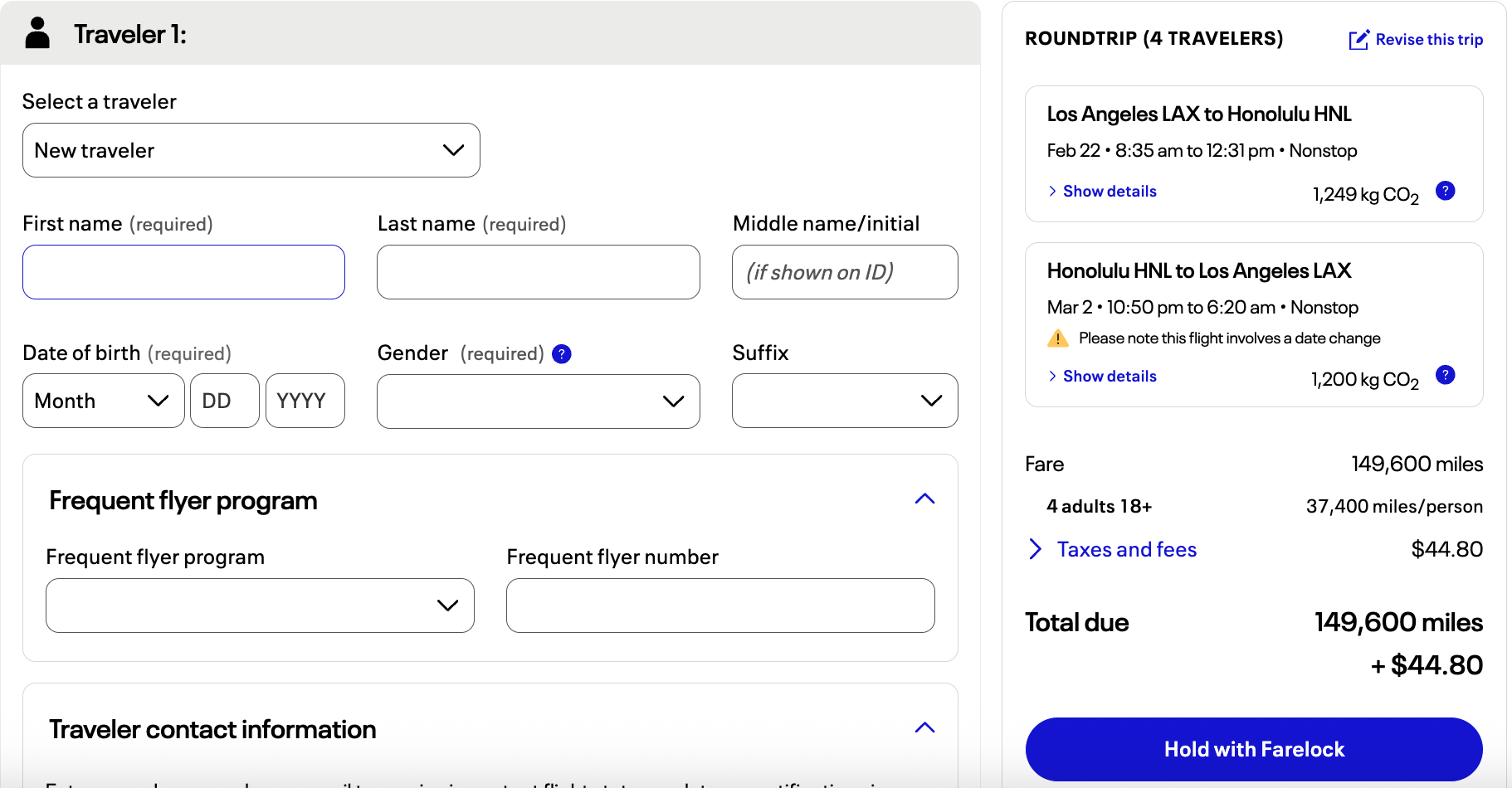 United award ticket Los Angeles to Hawaii screenshot