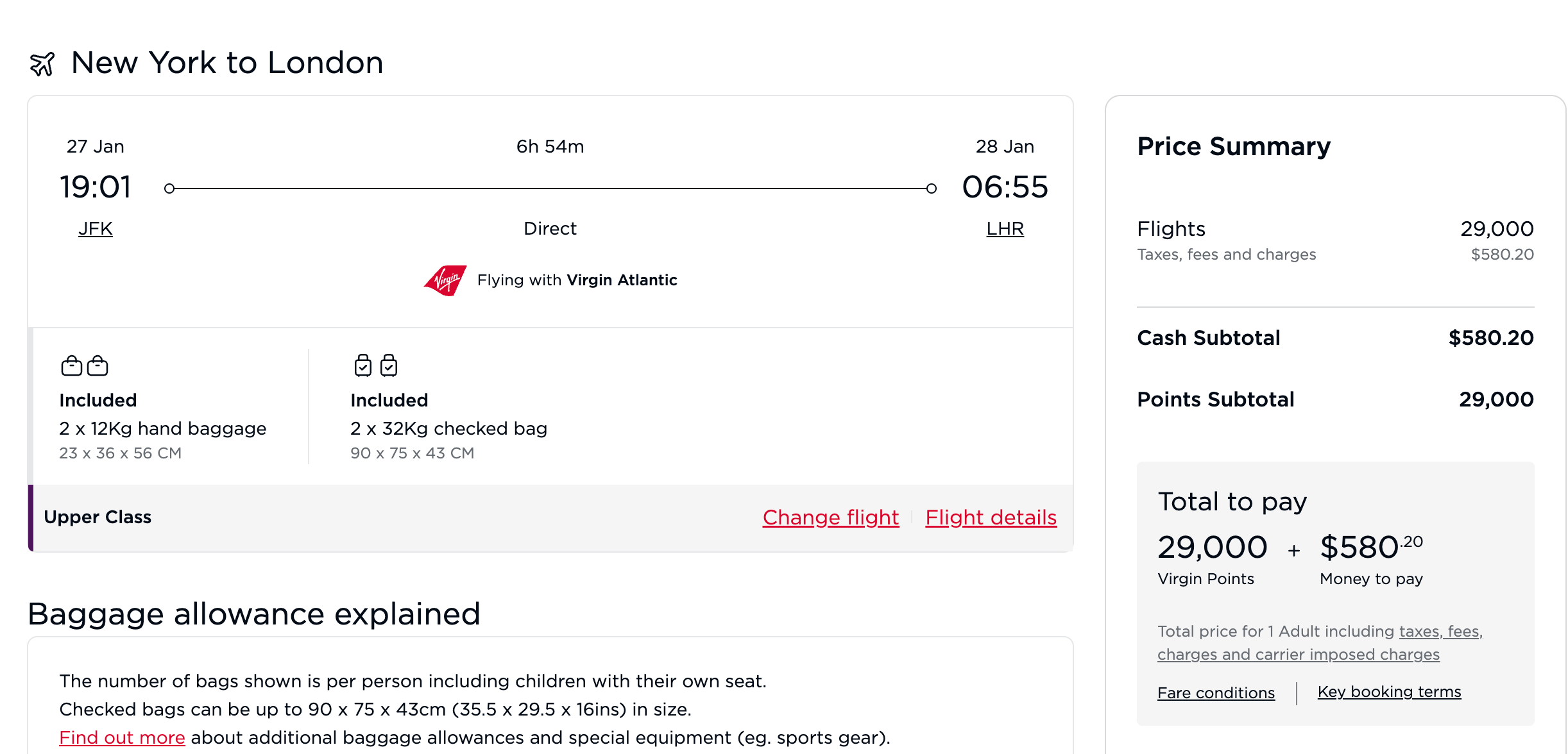 Virgin Atlantic award ticket New York to London
