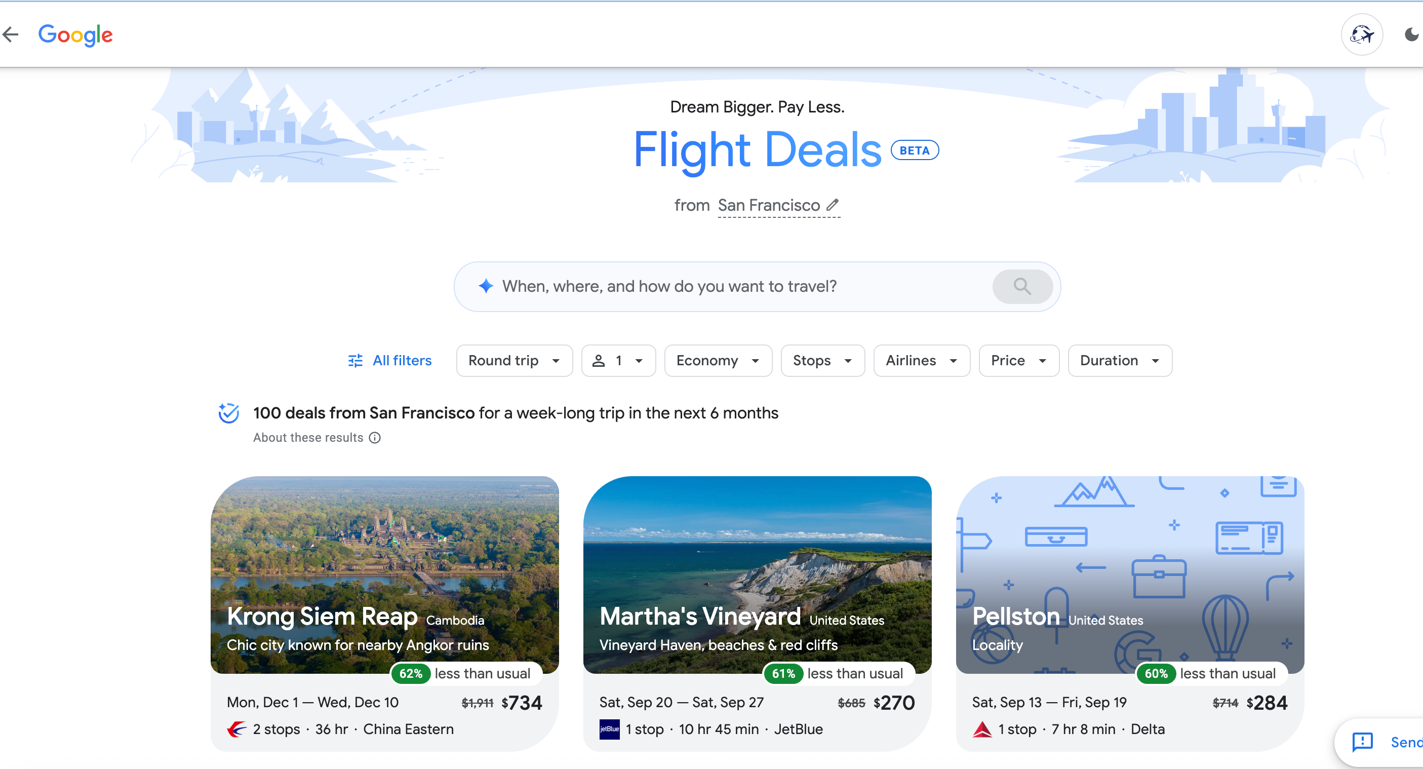 Google Flight Deals homepage