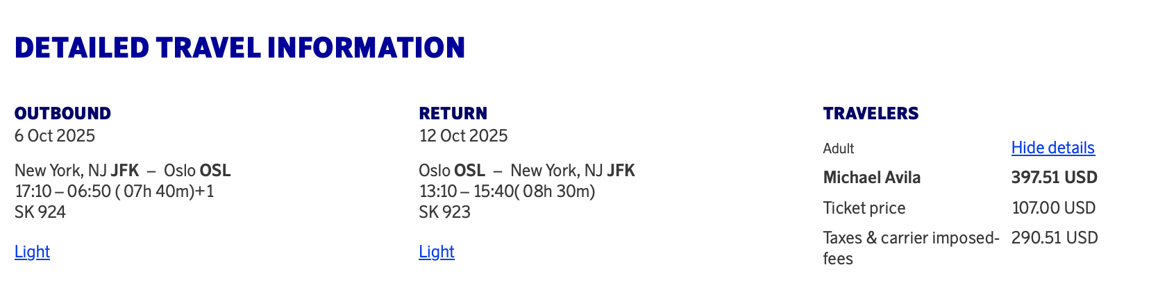 SAS sale fare from NYC to Oslo, Norway