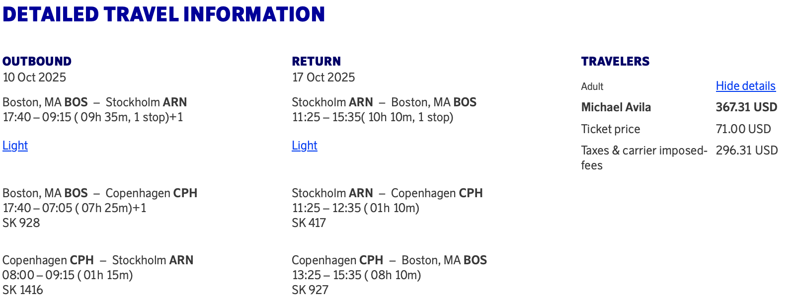 Sale fare from Boston to Stockholm