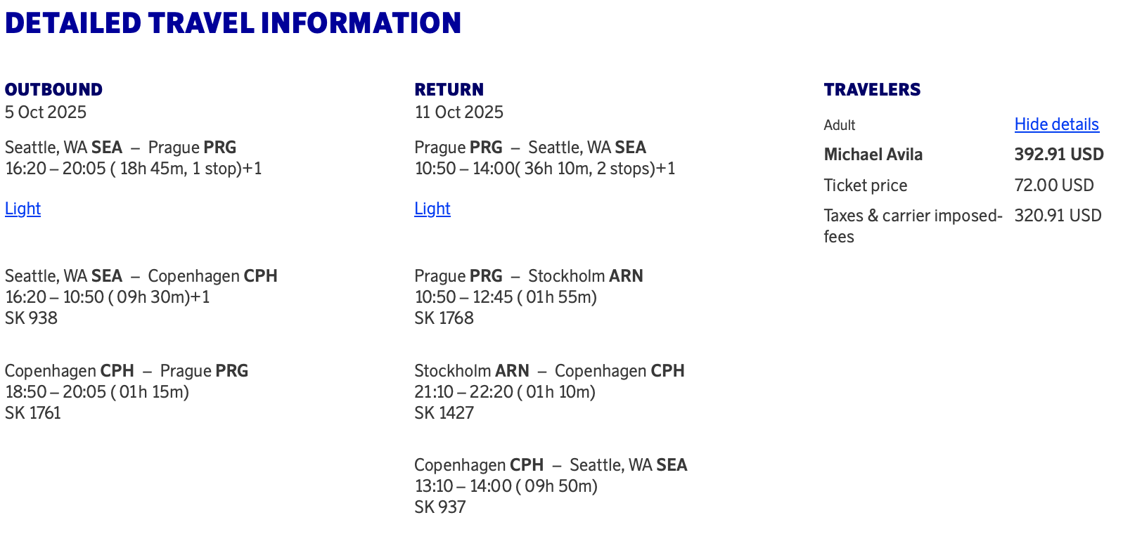SAS sale fare from Seattle to Prague