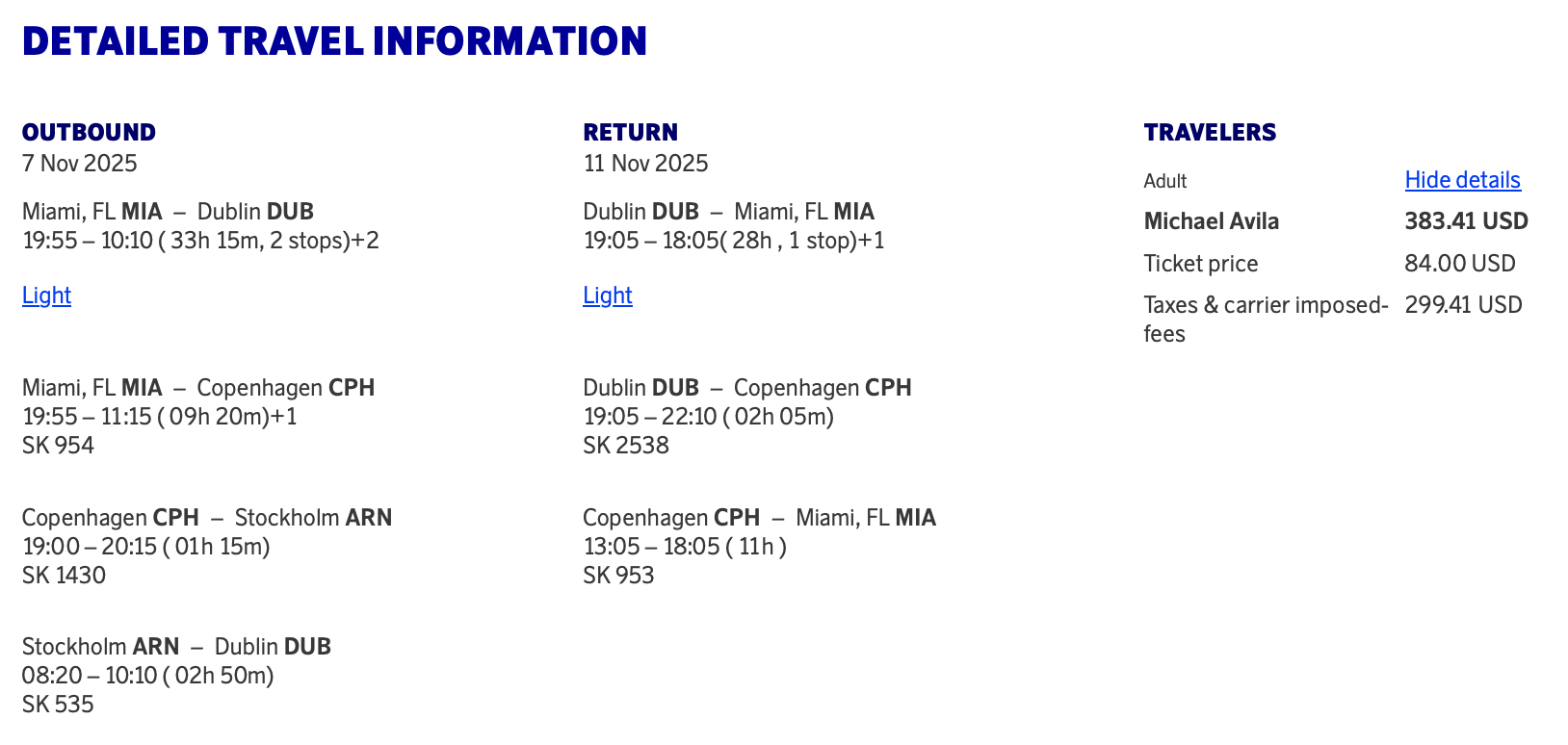 SAS sale fare from Miami to Ireland