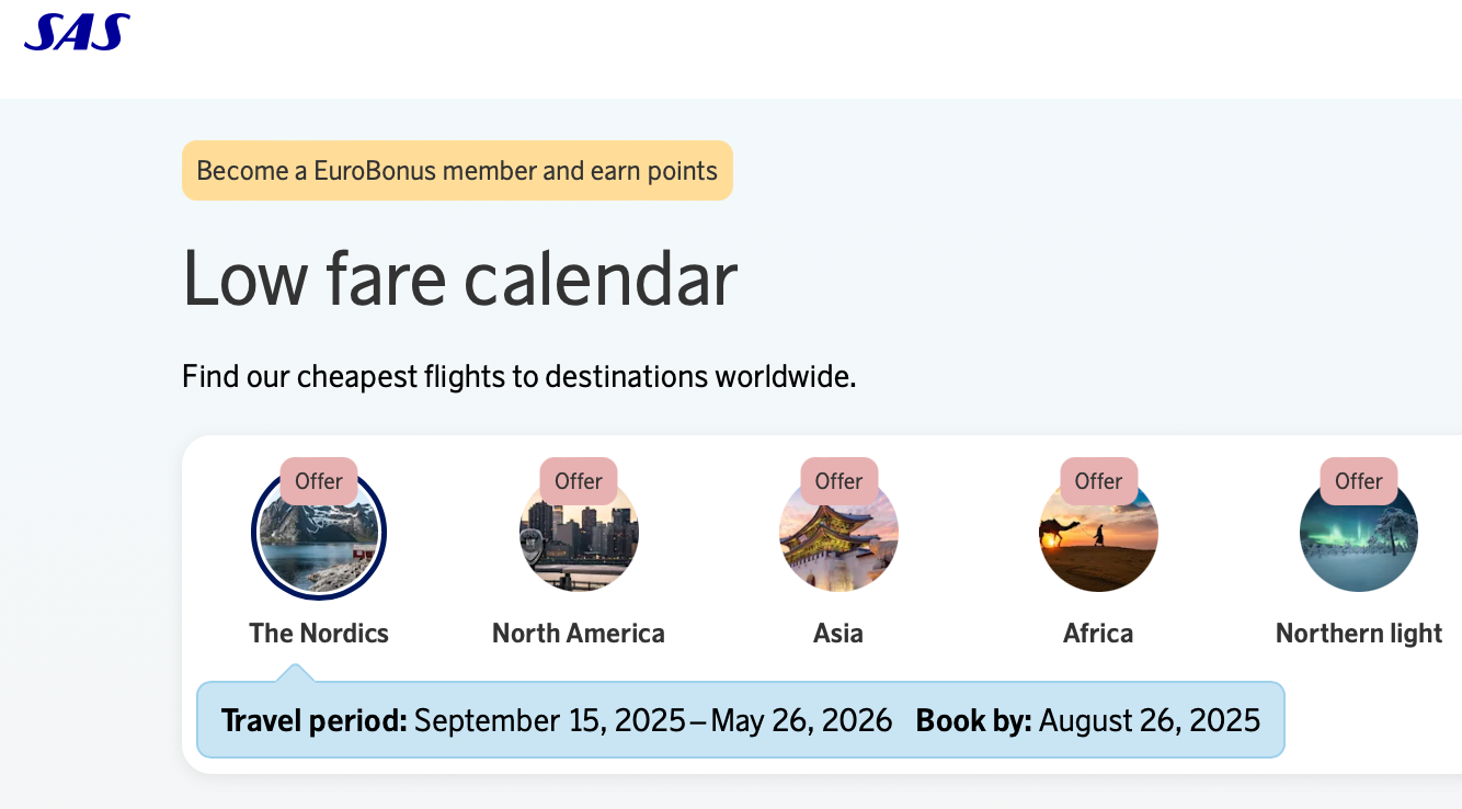 Low fare calendar on the SAS website