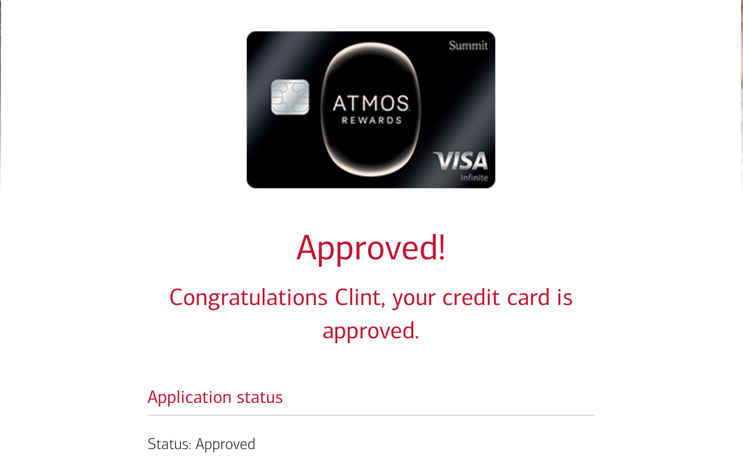 Approval notice for new Atmos Rewards Visa.
