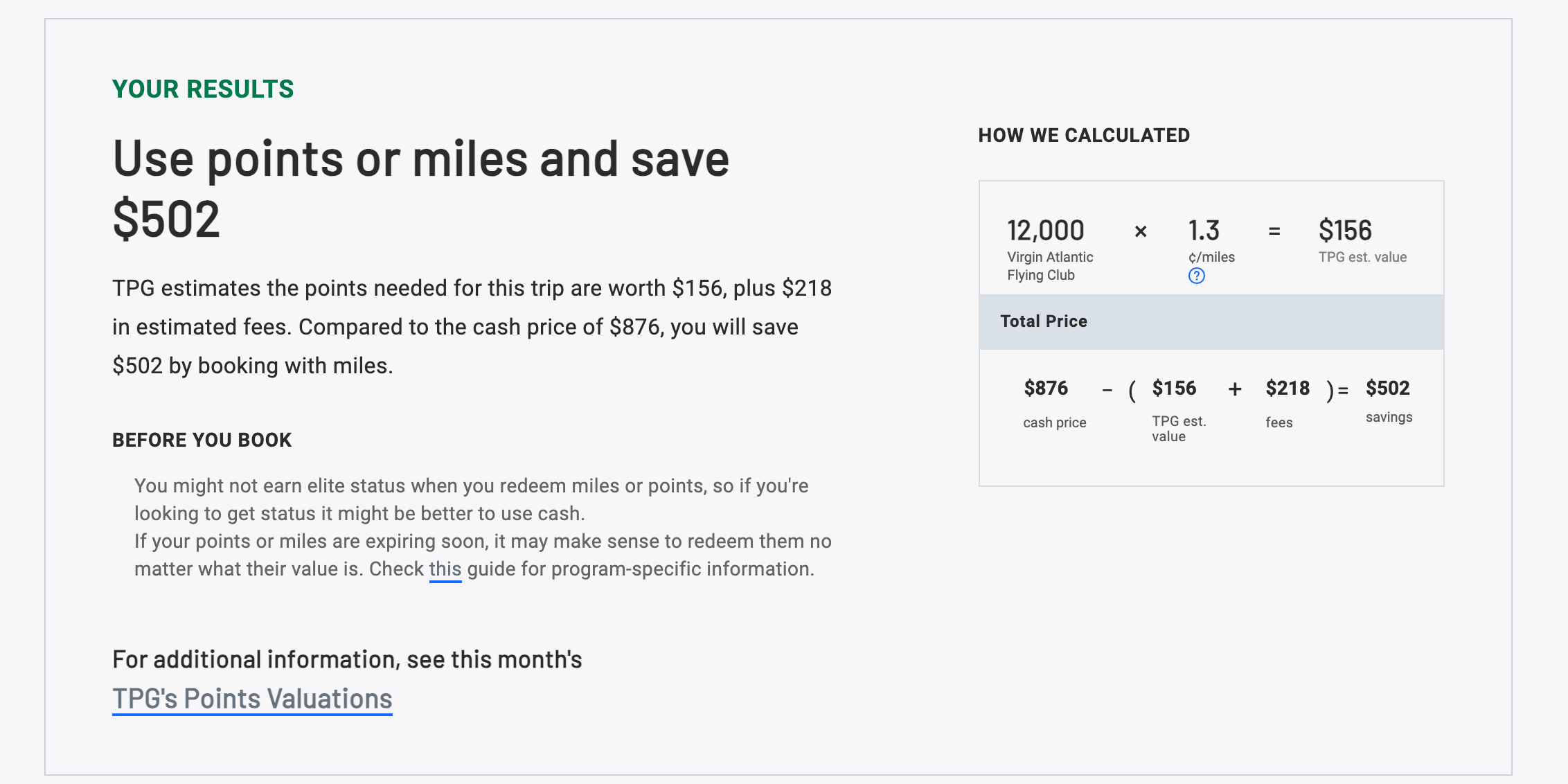 TPG calculator screenshot