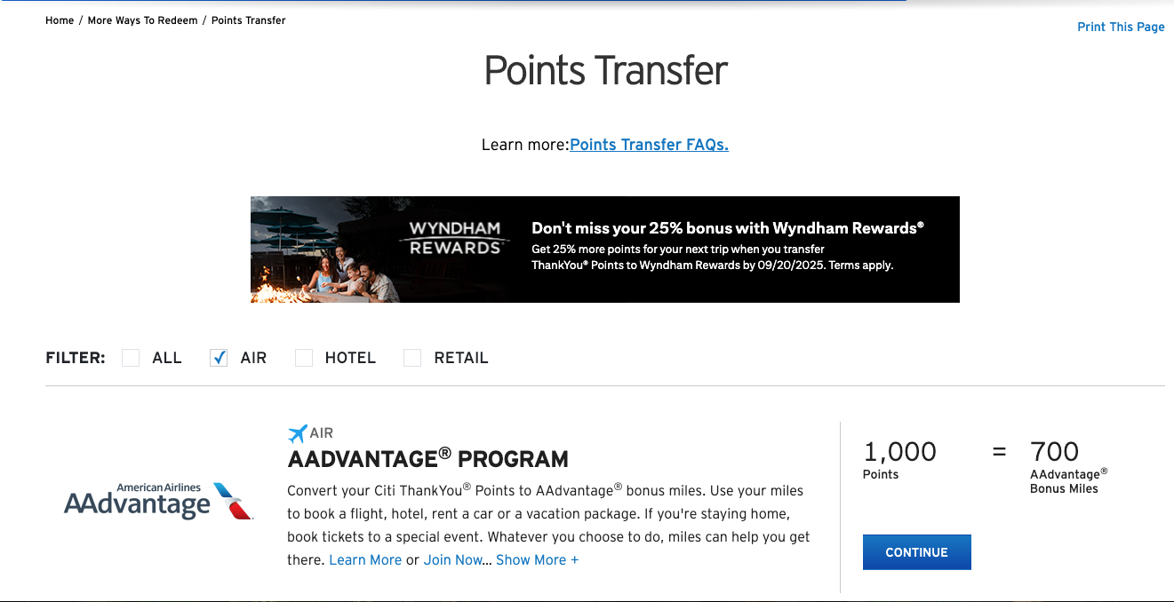 Citi Thank You Rewards portal screenshot