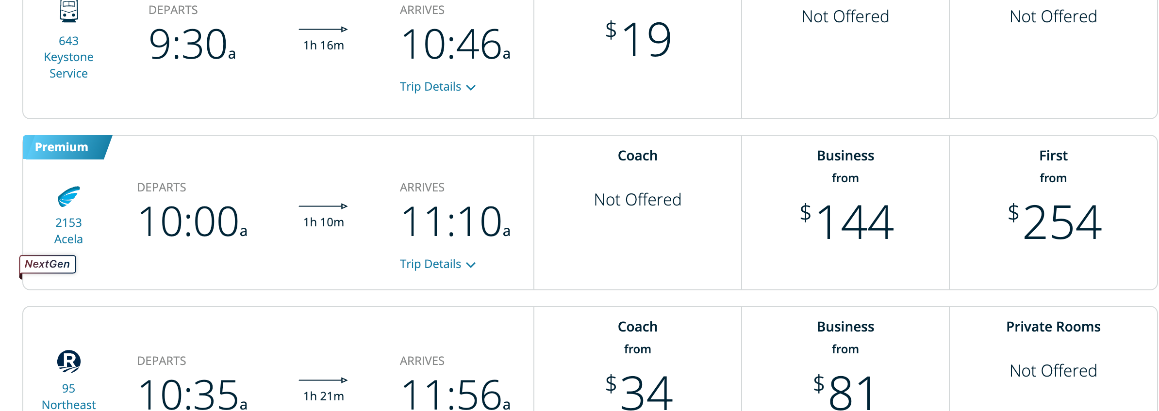 Amtrak booking page showing new "NextGen" train cars.