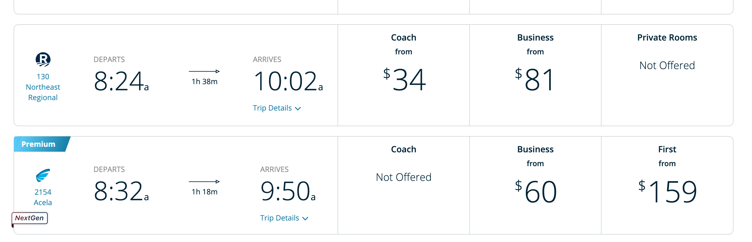 Amtrak booking page showing new "NextGen" train cars. AMTRAK