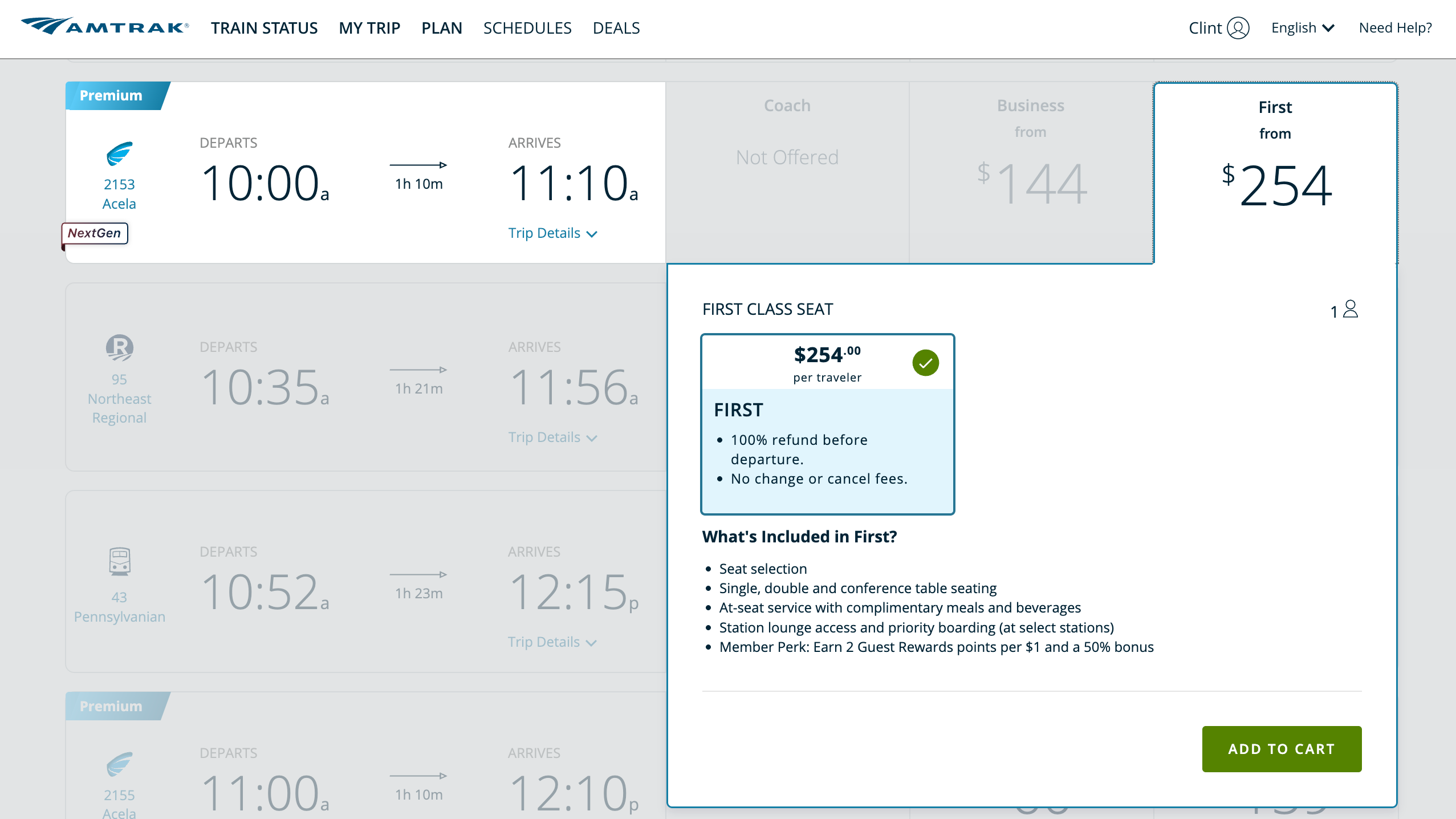 Amtrak booking page showing new "NextGen" train cars. AMTRAK