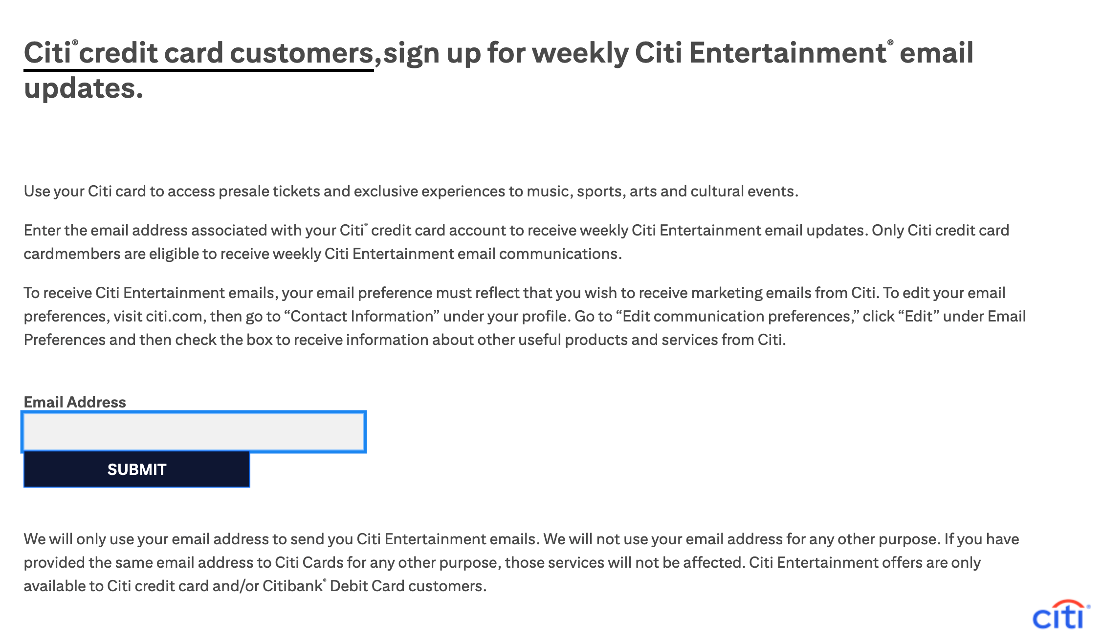Citi Entertainment email sign up