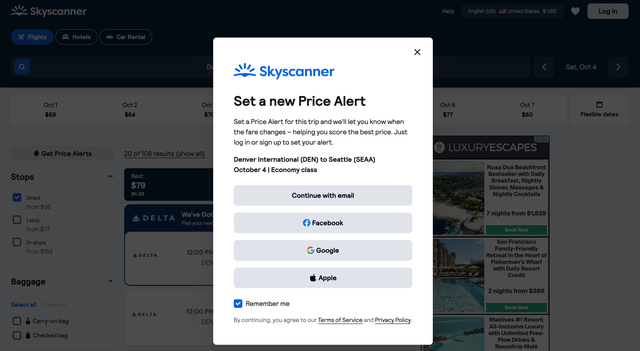 Skyscanner price alert