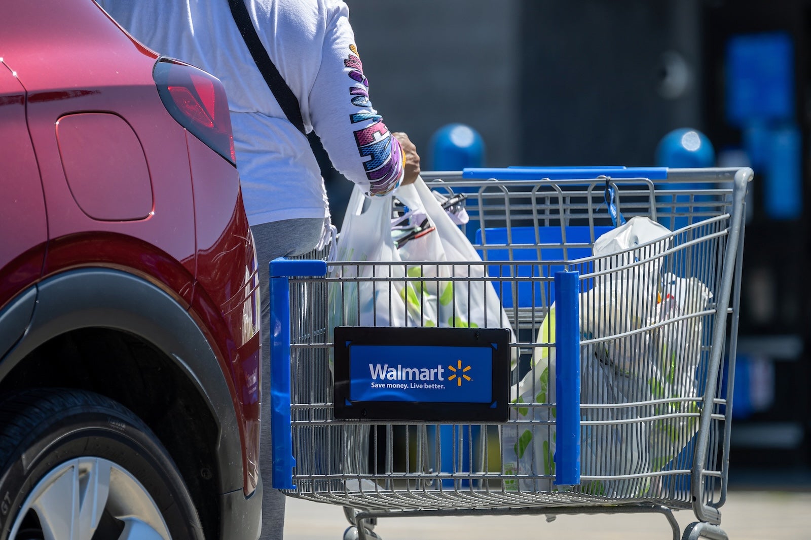 A Walmart cart with shopping bags inside