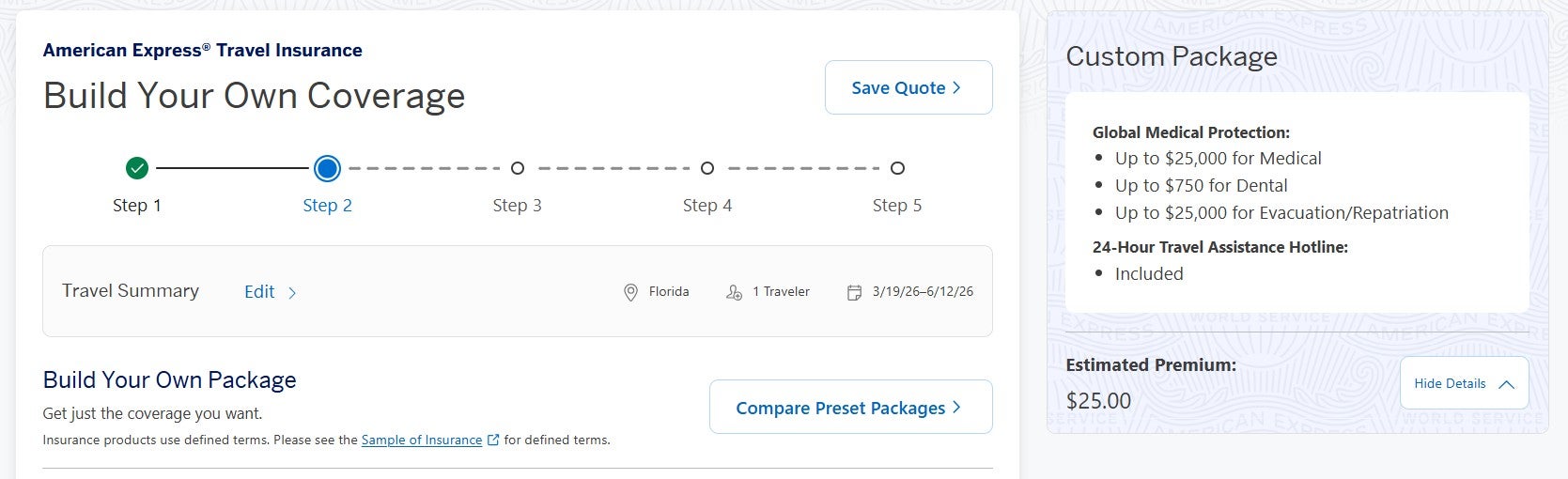 American Express travel insurance quotes for a sample trip