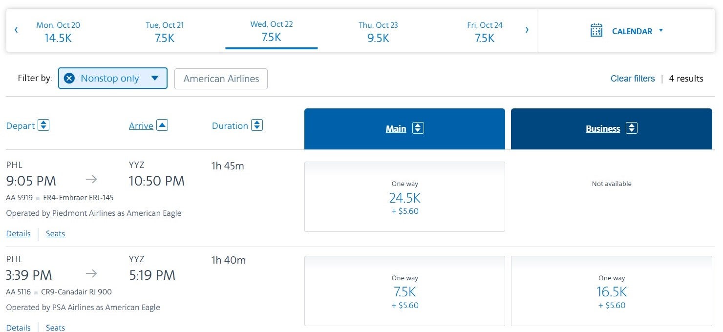 American Airlines award from PHL to YYZ