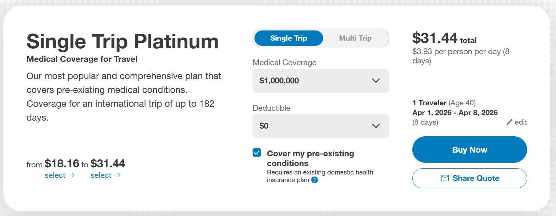 Blue Cross Blue Shield Global Solutions medical travel insurance quote for a sample trip