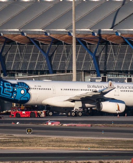 MADRID, SPAIN - 2024/12/15: A Boliviana de Aviacion airplane in Adolfo Suarez Madrid-Barajas Airport. (Photo by Marcos del Mazo/LightRocket via Getty Images)