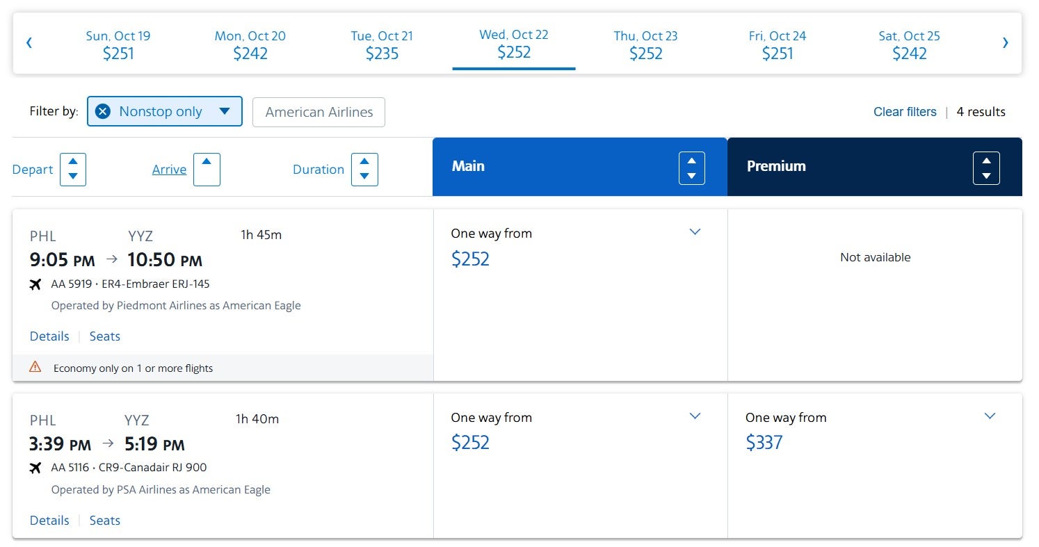 American Airlines paid flight examples from PHL to YYZ