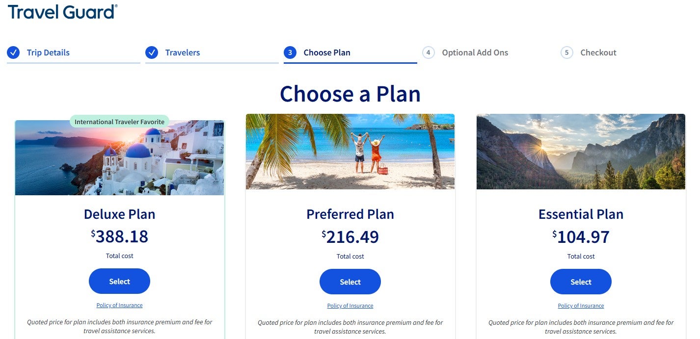 Single trip Travel Guard travel insurance quotes for a sample trip