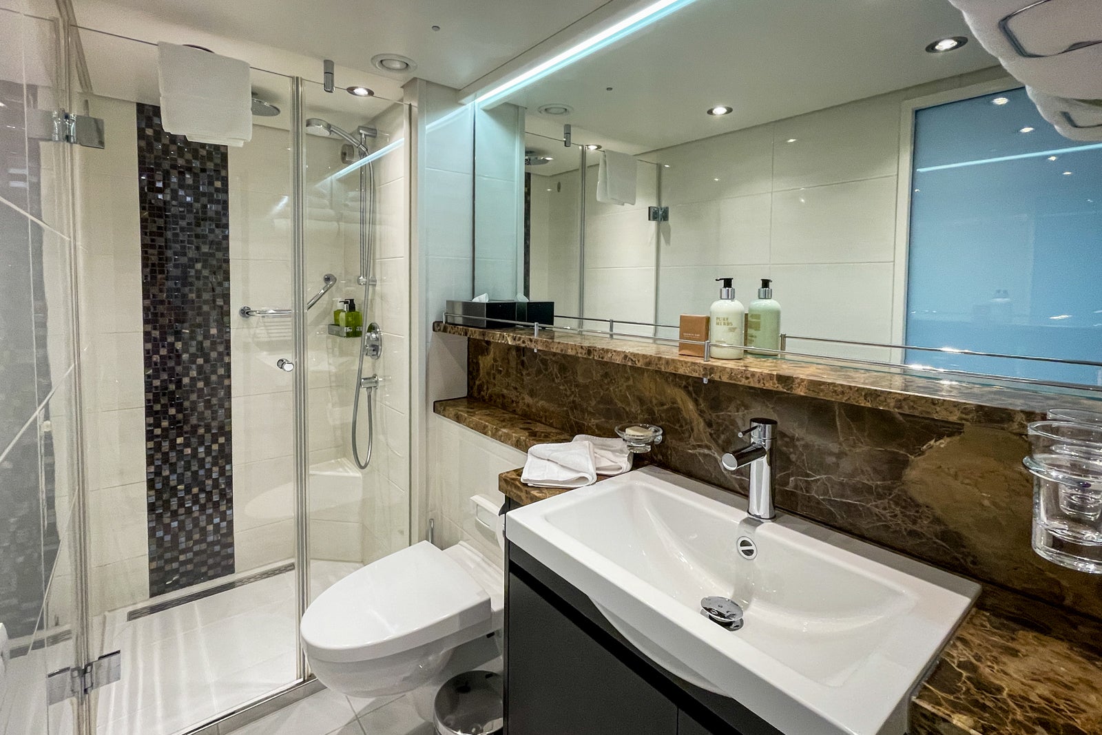 Bathroom in an AA cabin on AmaLucia's Violin Deck.
