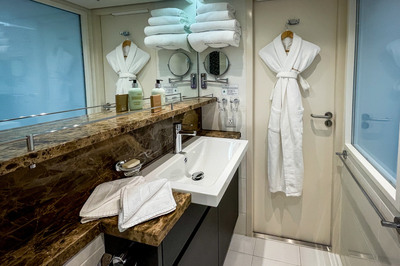 Bathroom in an AA cabin on AmaLucia's Violin Deck.