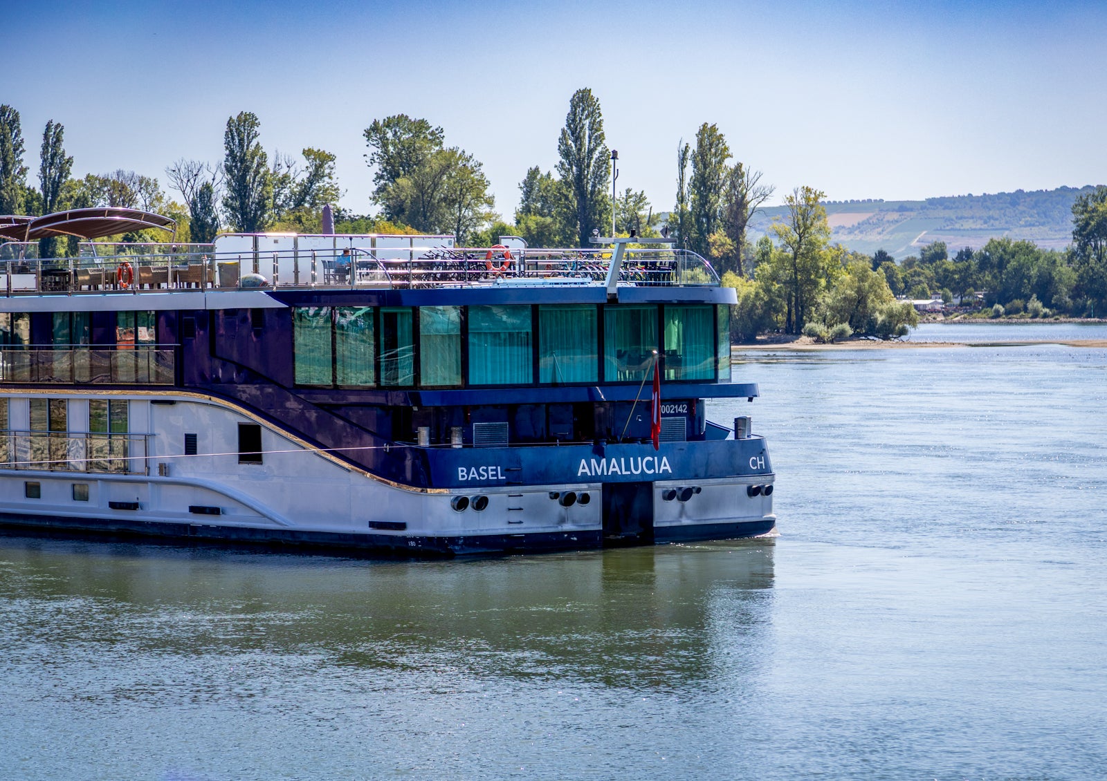 Aft of AmaWaterways' AmaLucia riverboat on the Rhine River.