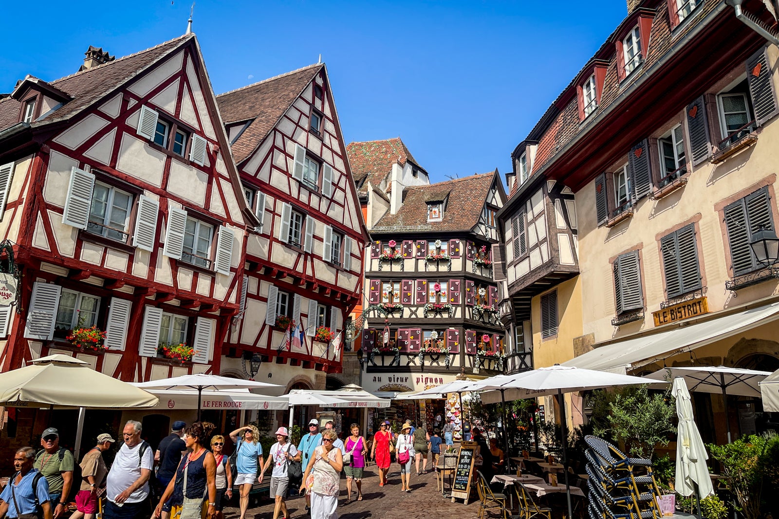 Atmospheric shopping/dining street in Colmar, France on an AmaWaterways river cruise