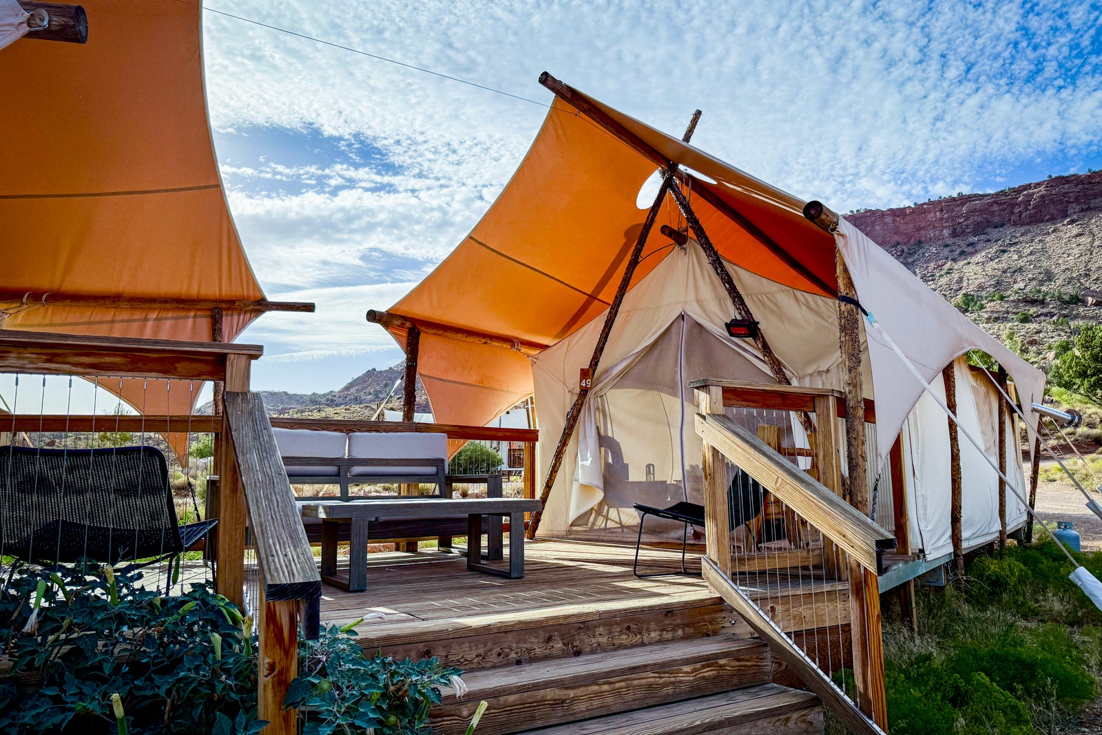 glamping tent with furnished deck