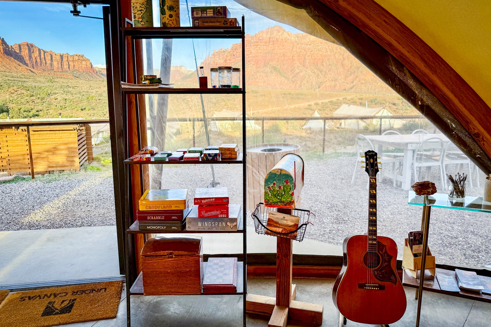 Resort lobby with games and a guitar to borrow
