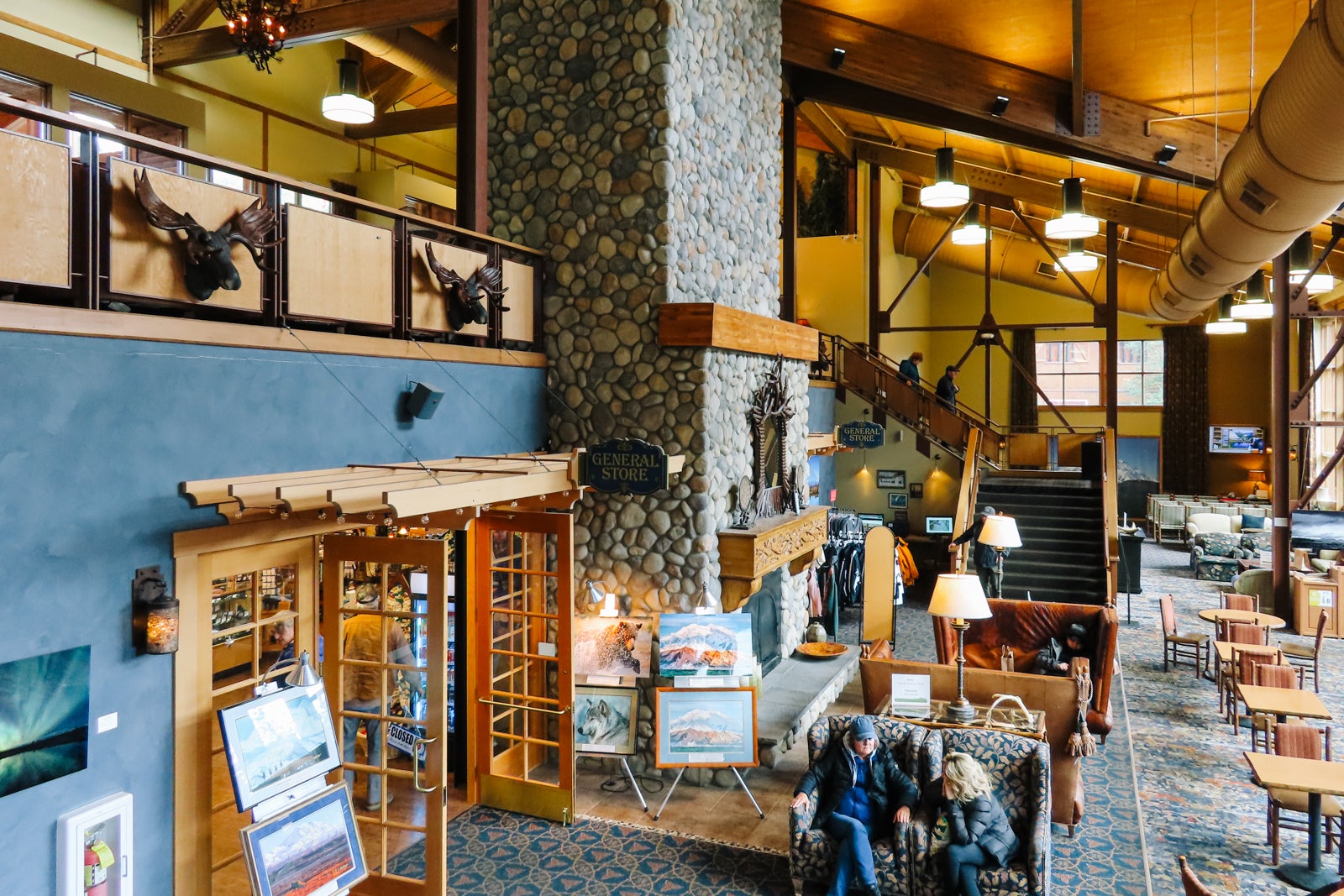 stone fireplace in lodge