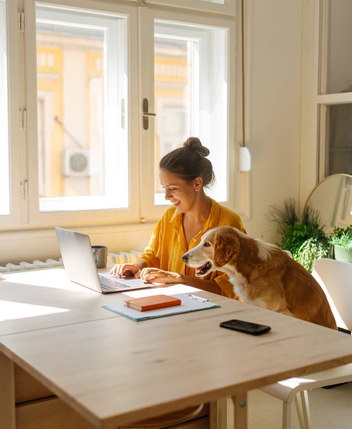 Woman using a laptop in her kitchen
