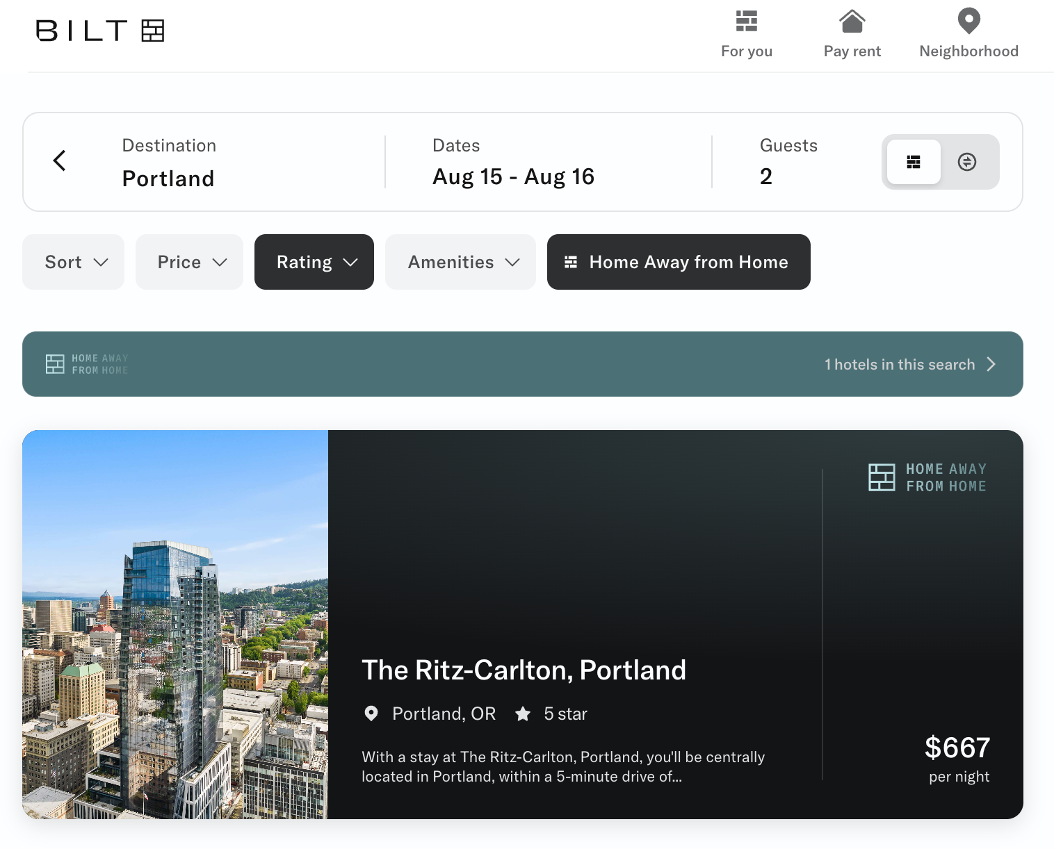 a screenshot showing a $667 rate for The Ritz-Carlton, Portland on Bilt's website