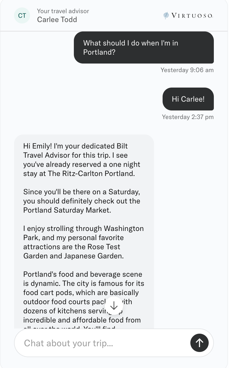 a screenshot of a chat with a Virtuoso agent recommending things to do in Portland, Oregon
