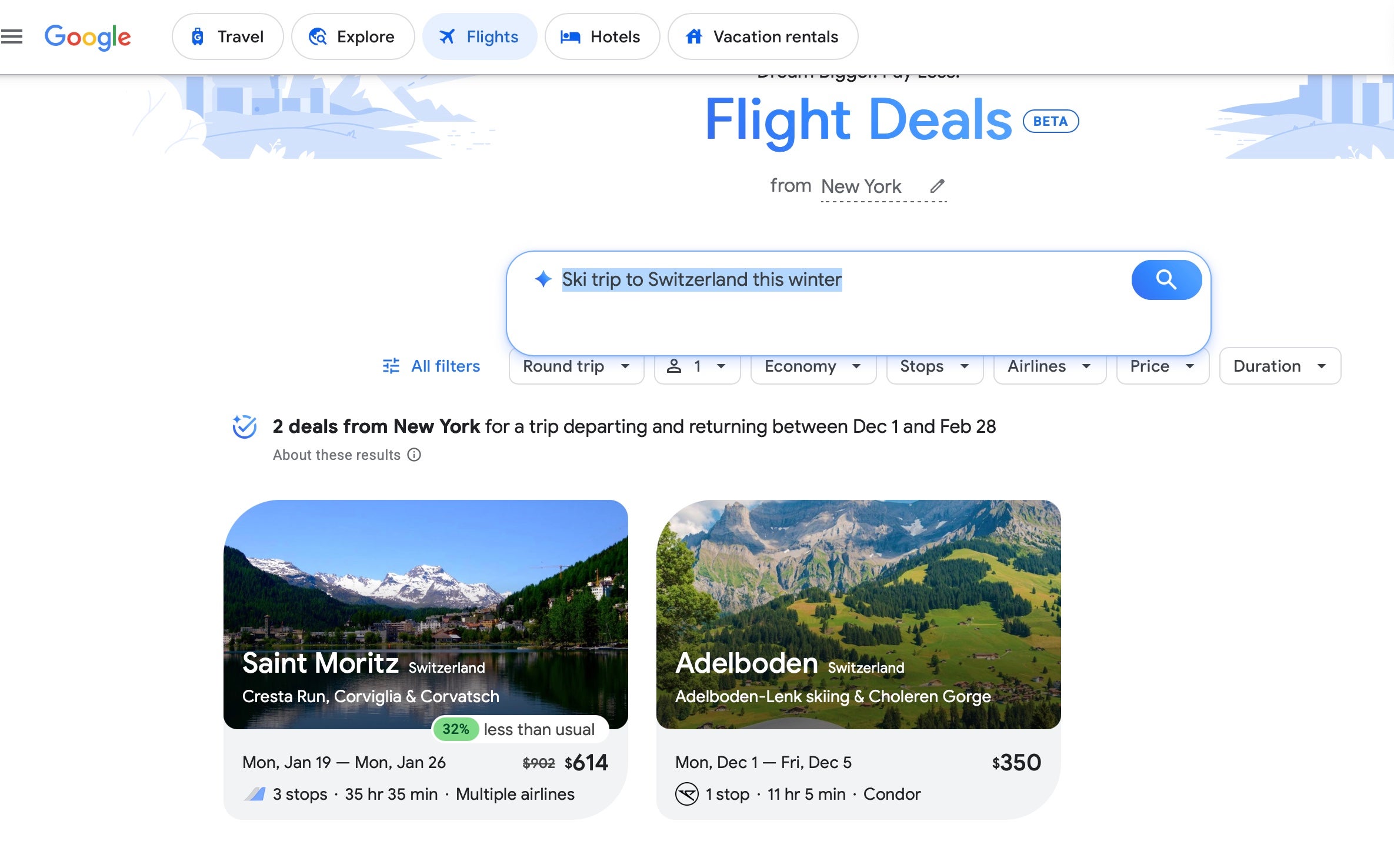 Google search results for a trip to Switzerland