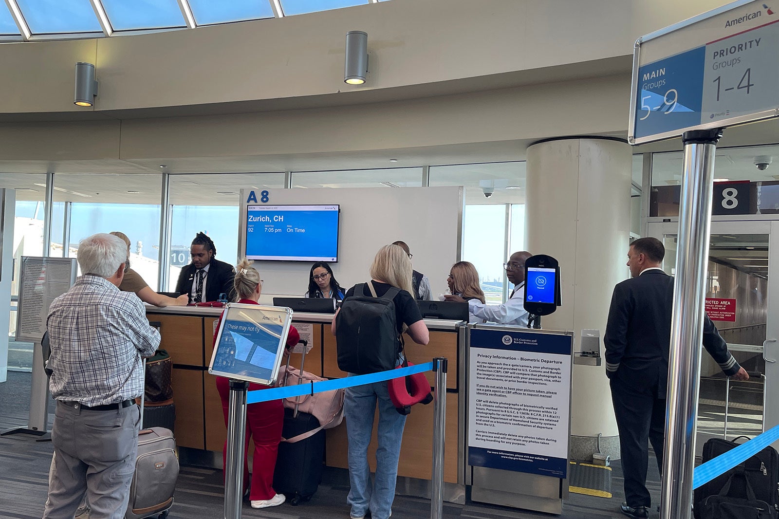 American airlines flight boarding in Philadelphia, headed for Zurich, Switzerland