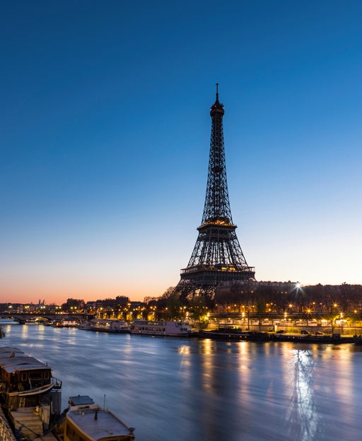 The Eiffel Tower at night in Paris, France.