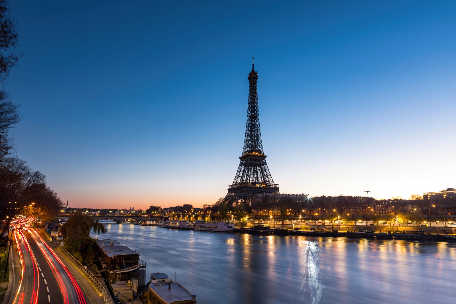 The Eiffel Tower at night in Paris, France.