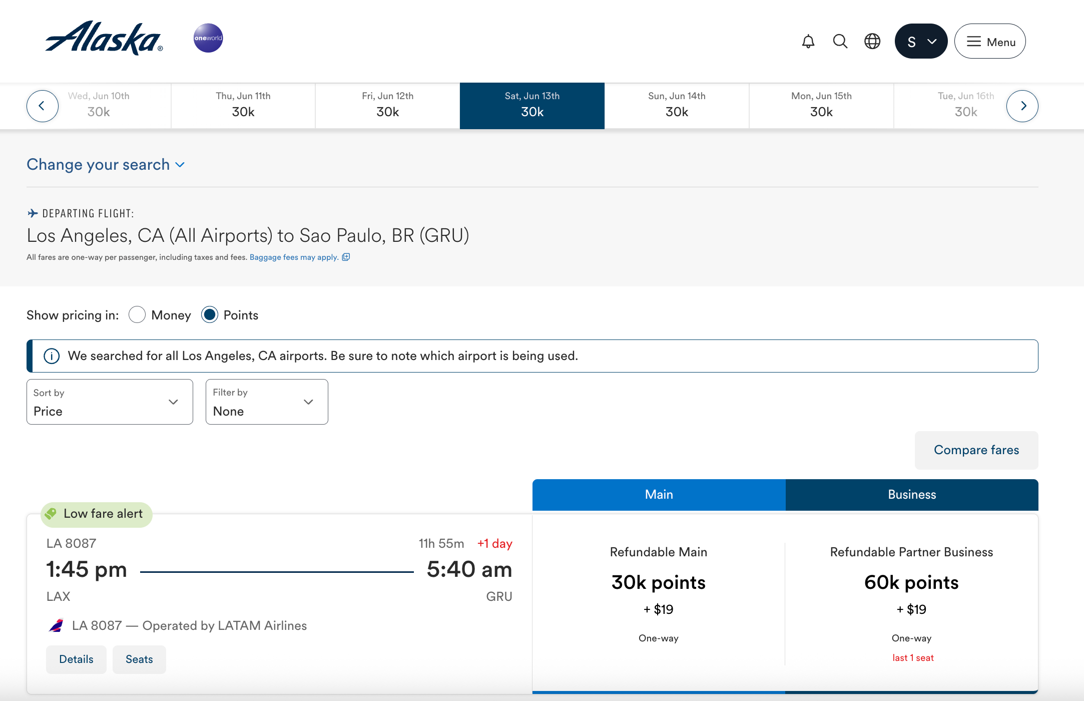 Alaska Air LATAM award ticket search