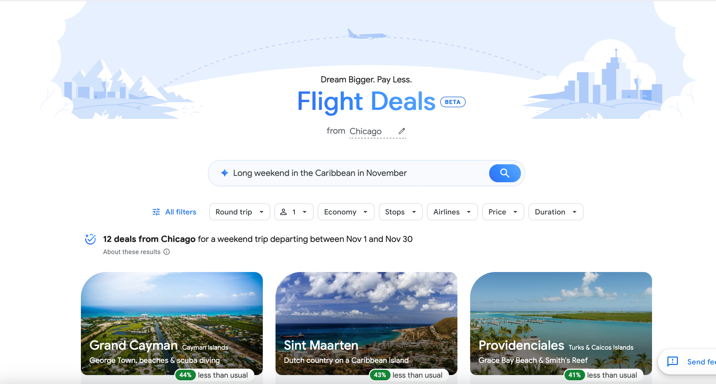 Google Flight search page.
