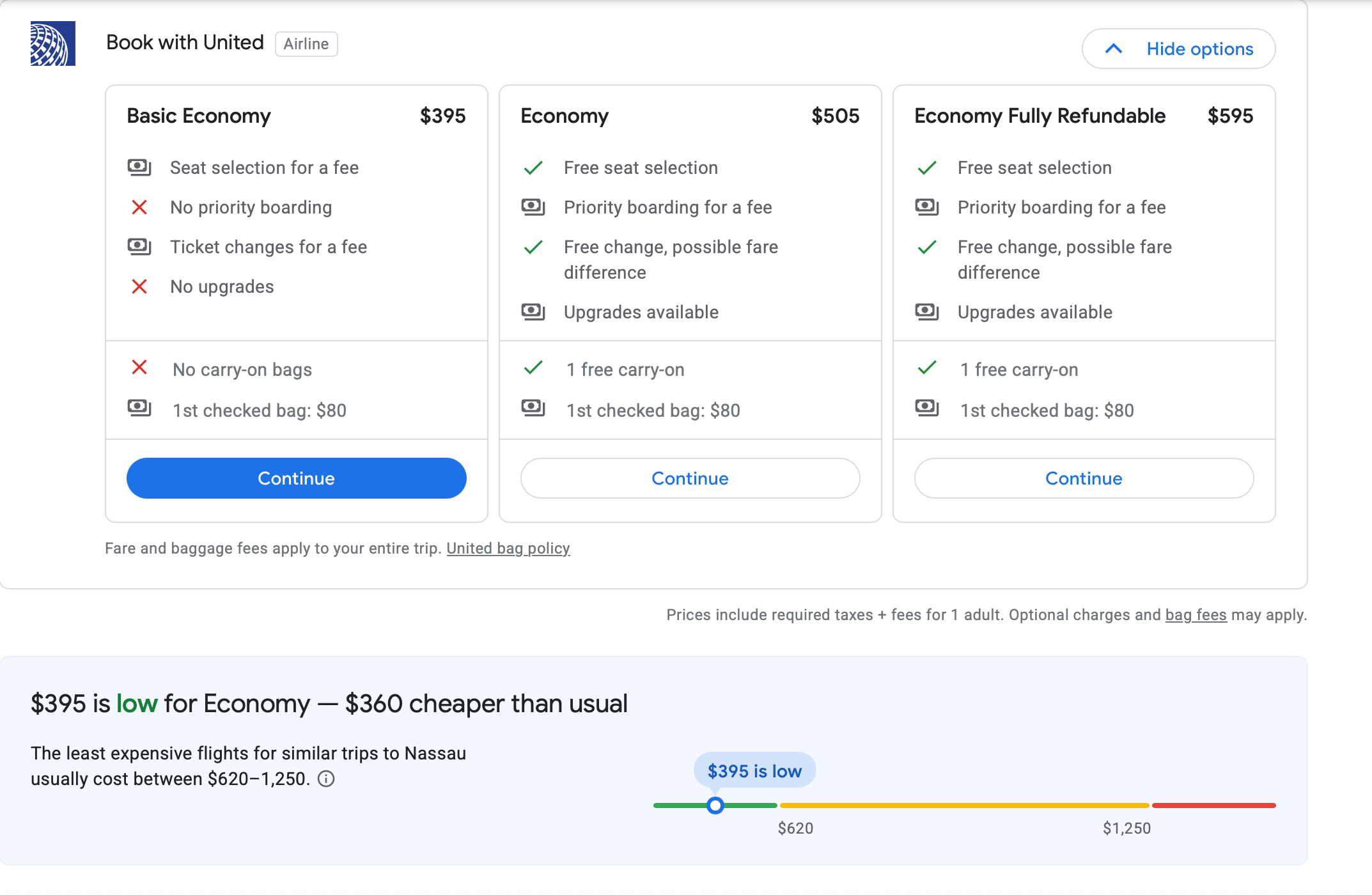 Google Flights booking page.