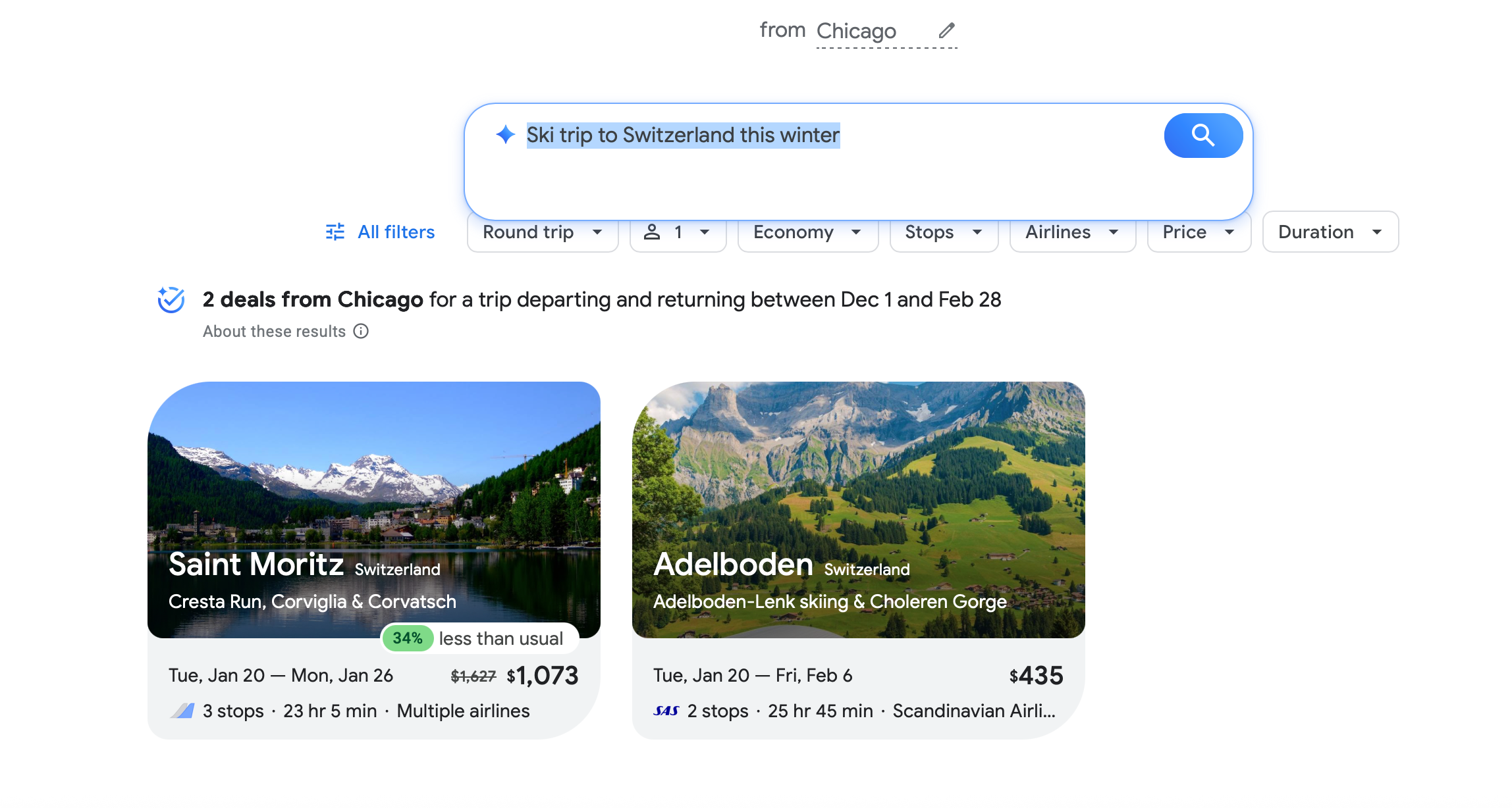 Google Flight Deals search results for a ski trip to Switzerland.
