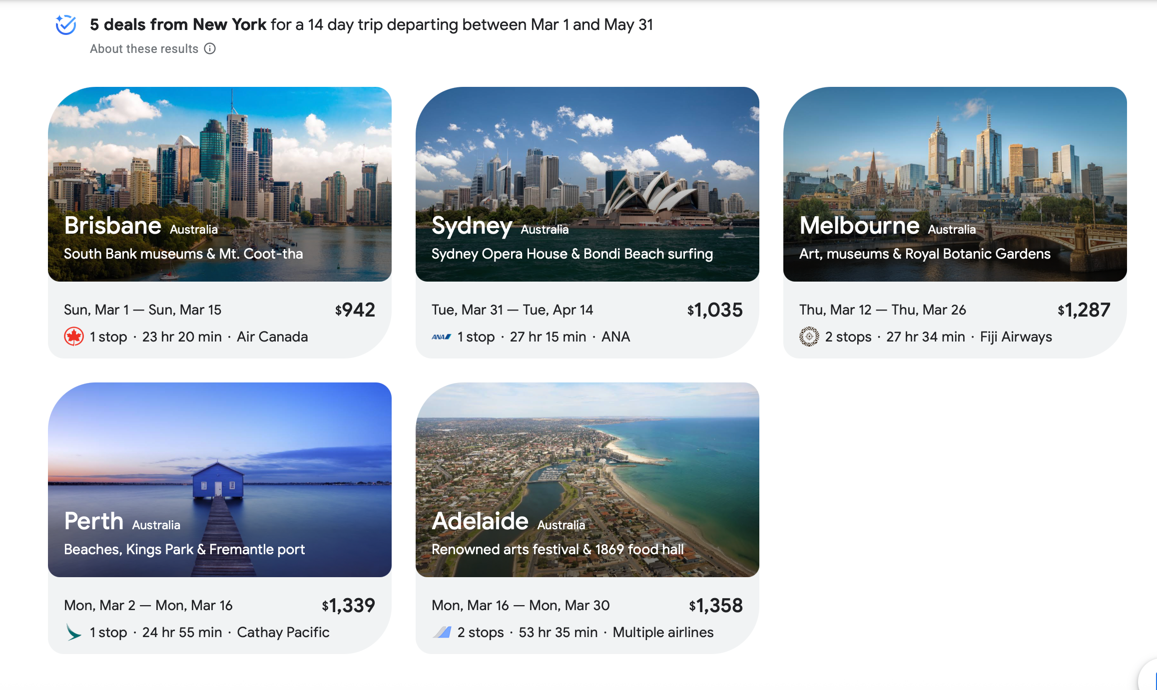 Google Flight Deals search for a cheap two-week trip to Australia this spring