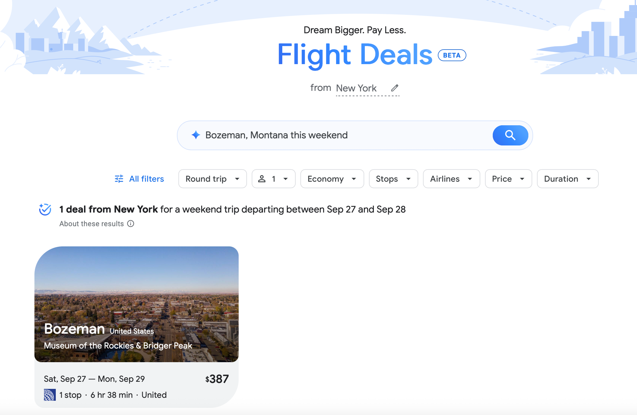Google Flight Deals search for a specific weekend to Bozeman, Montana.