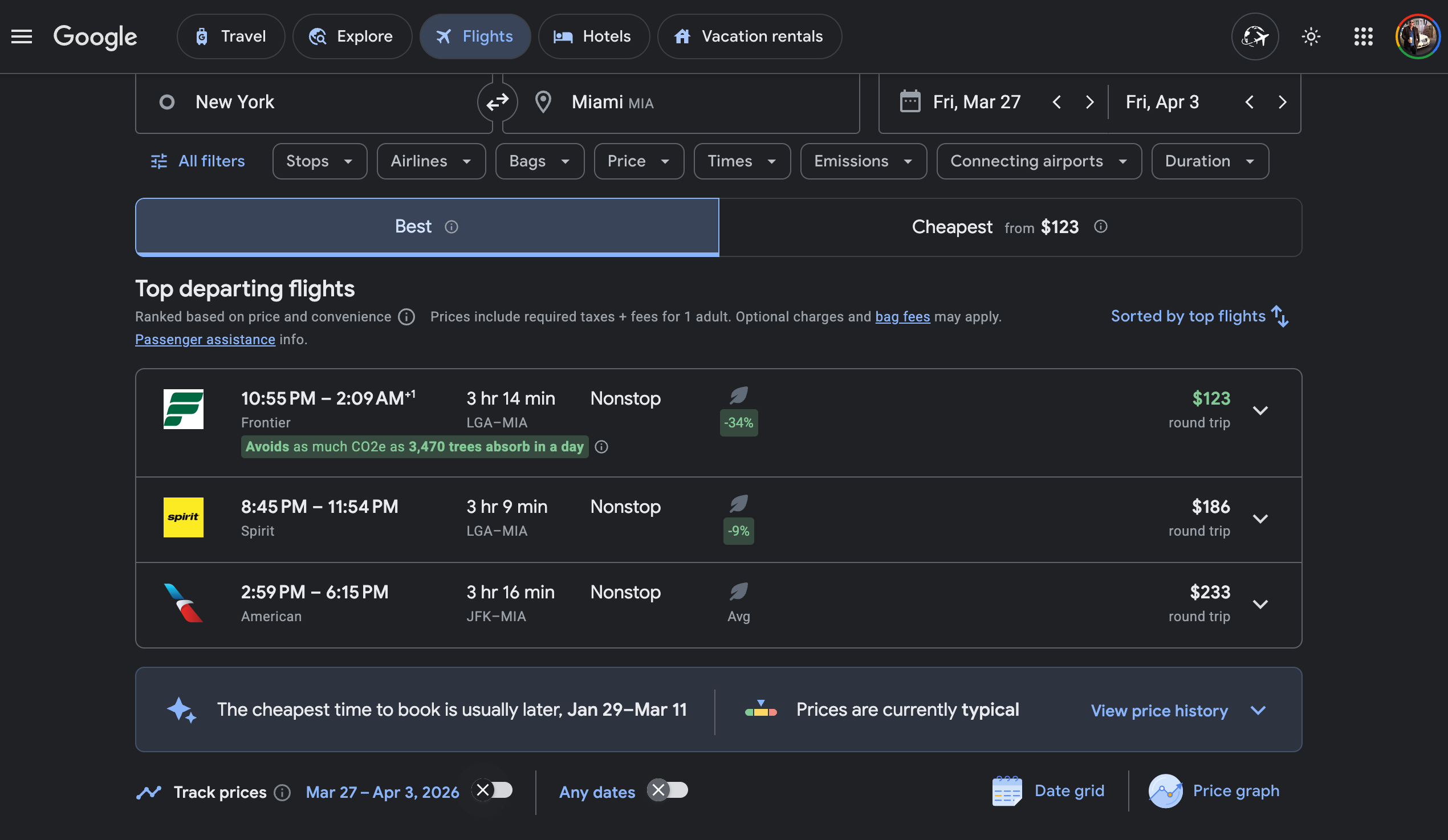 Search for flights from New York to Miami for spring break.